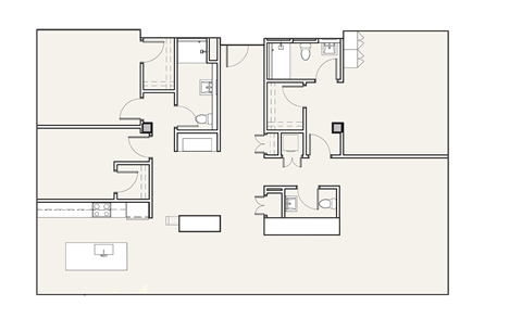 A floor plan of a building with multiple rooms and corridors.